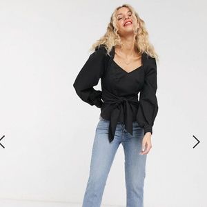 & Other Stories Puff Sleeve Tie-Waist Long Sleeve Blouse Black